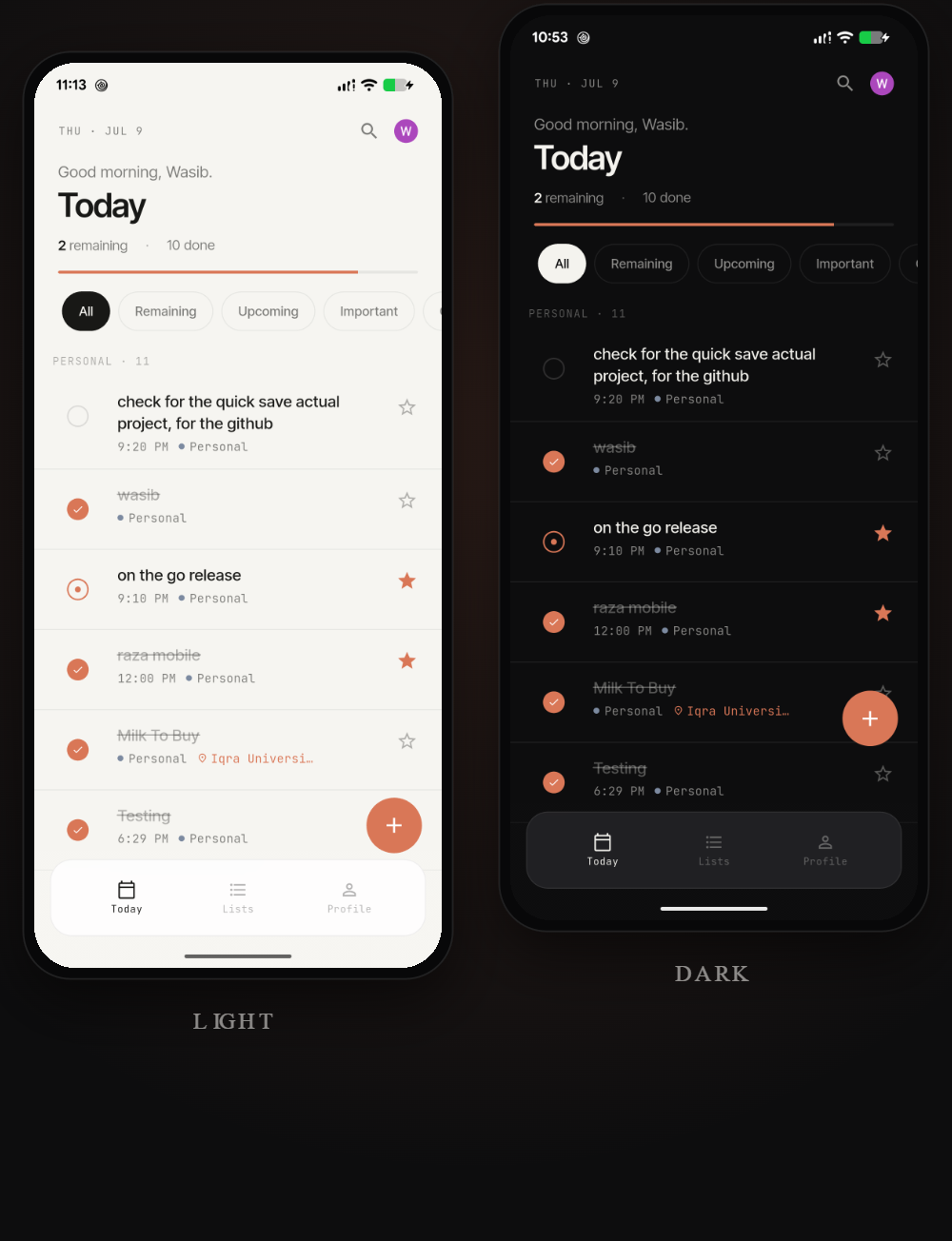 On The Go shown side by side in light and dark themes