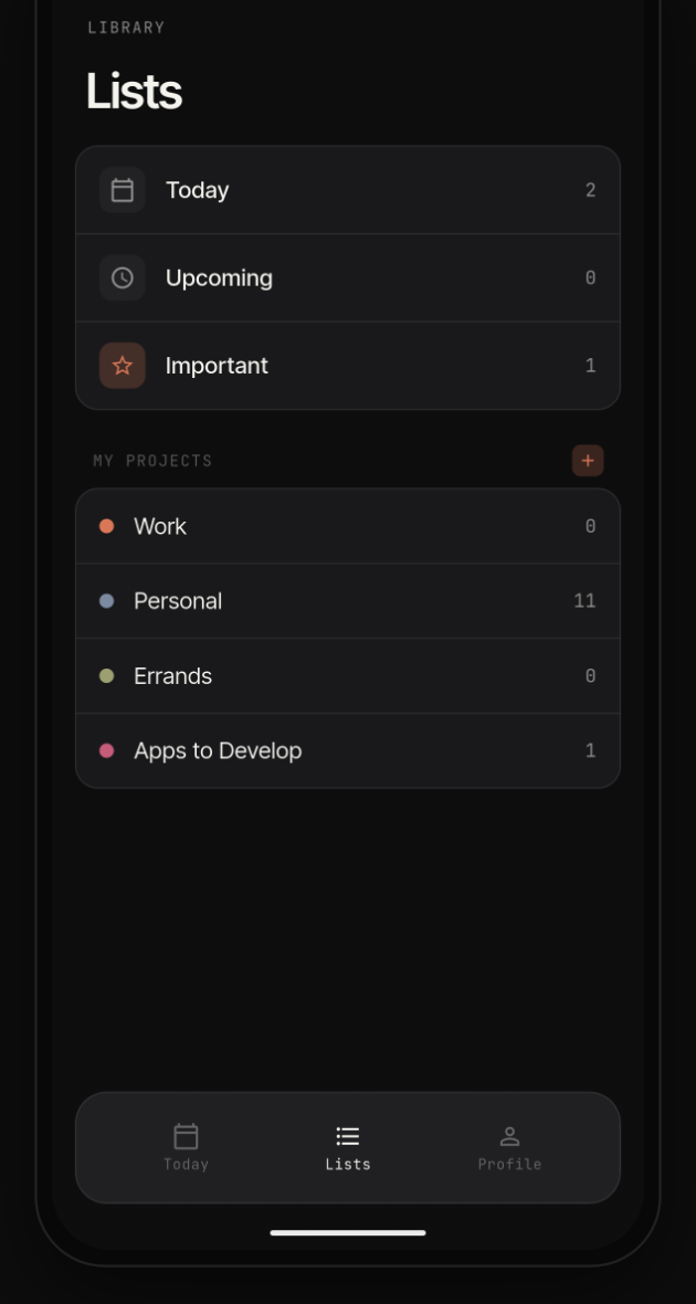 Lists screen with Today, Upcoming, Important and color-coded projects