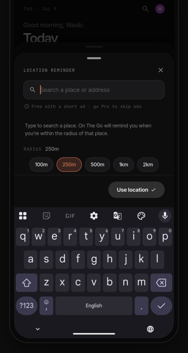 Location reminder sheet with place search and a radius selector